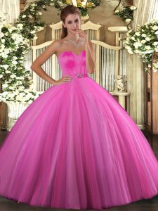 Rose Pink Tulle Lace Up Sweet 16 Dress Sleeveless Floor Length Beading