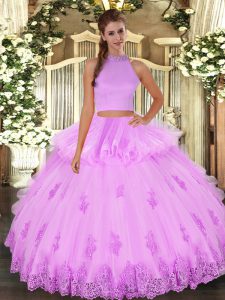 Deluxe Lilac Backless 15th Birthday Dress Beading and Appliques and Ruffles Sleeveless Floor Length