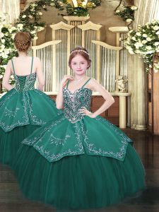 Dark Green Ball Gowns Spaghetti Straps Sleeveless Satin and Organza Floor Length Lace Up Beading and Embroidery Kids Pag