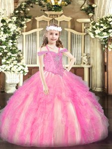 Rose Pink Organza Lace Up Little Girls Pageant Dress Wholesale Sleeveless Floor Length Beading and Ruffles