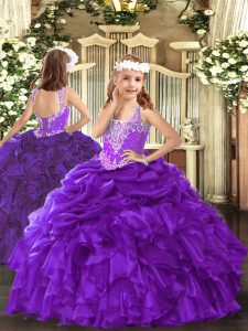 Modern Purple Ball Gowns Organza V-neck Sleeveless Beading and Ruffles and Pick Ups Floor Length Lace Up Evening Gowns