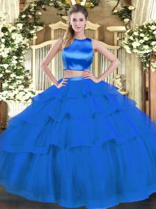 Delicate Blue Quinceanera Gown Military Ball and Sweet 16 and Quinceanera with Ruffled Layers High-neck Sleeveless Criss