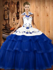 Fashion Sleeveless Organza Sweep Train Lace Up Sweet 16 Quinceanera Dress in Blue with Embroidery and Ruffled Layers