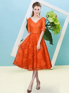 Tea Length Empire Half Sleeves Orange Red Wedding Party Dress Lace Up