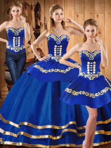 Classical Blue Ball Gowns Embroidery Quinceanera Gown Lace Up Satin and Tulle Sleeveless Floor Length