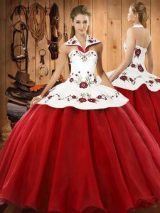 Fancy Halter Top Sleeveless 15 Quinceanera Dress Floor Length Embroidery Wine Red Satin and Tulle