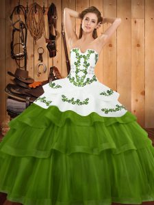 Cheap Olive Green Quince Ball Gowns Strapless Sleeveless Sweep Train Lace Up