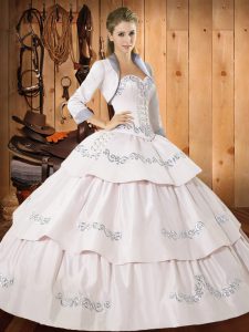 Floor Length White 15th Birthday Dress Taffeta Sleeveless Embroidery and Ruffled Layers