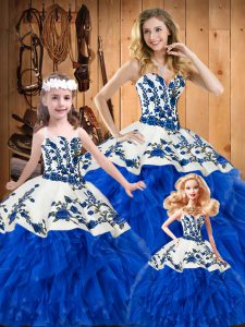Fine Blue Sweetheart Neckline Embroidery and Ruffles Quinceanera Dress Sleeveless Lace Up