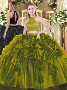 Olive Green Sleeveless Floor Length Beading and Ruffles Backless Quinceanera Dresses