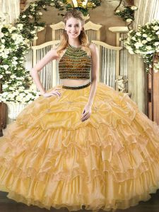 New Arrival Sleeveless Floor Length Beading and Ruffled Layers Zipper Ball Gown Prom Dress with Gold