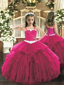 Hot Pink Lace Up Straps Appliques and Ruffles Kids Formal Wear Tulle Sleeveless