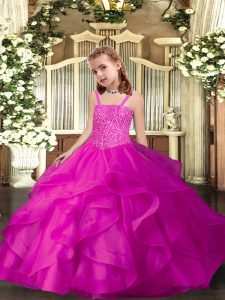 Stunning Ball Gowns Pageant Dress for Womens Fuchsia Straps Organza Sleeveless Floor Length Lace Up