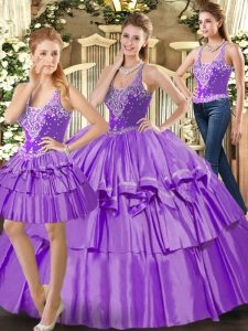 Eggplant Purple Three Pieces Organza Straps Sleeveless Ruffled Layers Floor Length Lace Up Sweet 16 Quinceanera Dress