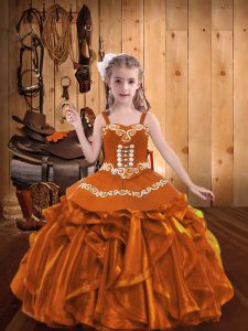 Attractive Orange Sleeveless Floor Length Embroidery and Ruffles Lace Up Little Girl Pageant Gowns