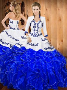 Floor Length Blue And White Vestidos de Quinceanera Strapless Sleeveless Lace Up