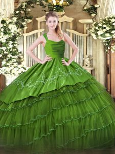 Sleeveless Satin and Organza Floor Length Zipper Quinceanera Gowns in Olive Green with Ruffled Layers