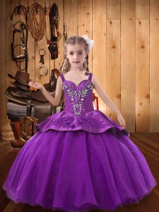 Fashion Floor Length Dark Purple Pageant Gowns For Girls Straps Sleeveless Lace Up