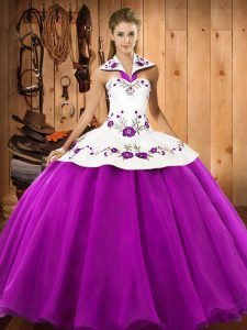 Fuchsia Halter Top Lace Up Embroidery 15th Birthday Dress Sleeveless