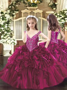 Floor Length Fuchsia Little Girls Pageant Dress Organza Sleeveless Beading and Ruffles