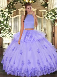 Customized Lavender Two Pieces Beading and Appliques and Ruffles Quinceanera Gowns Backless Tulle Sleeveless Floor Lengt