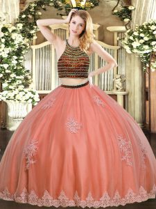 Tulle Sleeveless Floor Length Quince Ball Gowns and Beading and Appliques