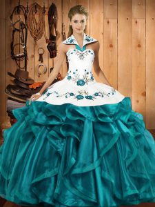 Ball Gowns Ball Gown Prom Dress Teal Halter Top Satin and Organza Sleeveless Floor Length Lace Up