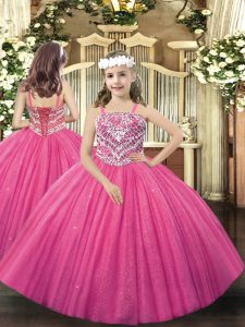 Fancy Floor Length Hot Pink Little Girls Pageant Dress Wholesale Straps Sleeveless Lace Up