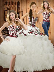 Embroidery and Ruffles 15 Quinceanera Dress White Lace Up Sleeveless Brush Train