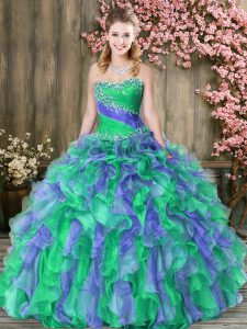 Unique Beading and Ruffles Ball Gown Prom Dress Multi-color Lace Up Sleeveless Floor Length