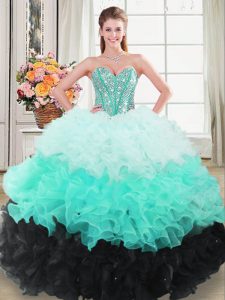 Luxury Beading and Ruffled Layers Vestidos de Quinceanera Multi-color Lace Up Sleeveless Floor Length