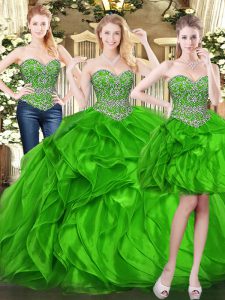 Sweetheart Sleeveless Quince Ball Gowns Floor Length Beading and Ruffles Green Organza