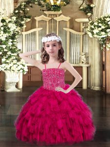 Discount Fuchsia Pageant Dress Party and Quinceanera with Beading and Ruffles Spaghetti Straps Sleeveless Lace Up