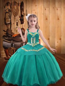 Cute Teal Organza Lace Up Pageant Dress for Womens Sleeveless Embroidery and Ruffles