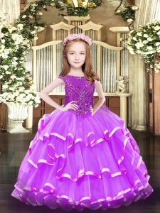 Lavender Ball Gowns Scoop Sleeveless Organza Floor Length Zipper Beading and Ruffled Layers Pageant Gowns For Girls