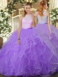 Floor Length Lavender Sweet 16 Dress Tulle Sleeveless Ruffles
