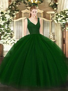 Dark Green Ball Gowns Tulle V-neck Sleeveless Beading and Lace Floor Length Backless Sweet 16 Dress