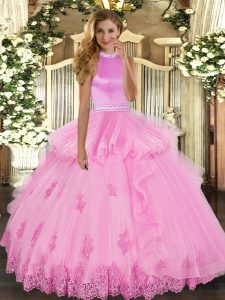 Cheap Rose Pink Backless Ball Gown Prom Dress Beading and Ruffles Sleeveless Floor Length