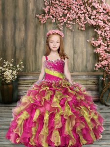 Amazing Sleeveless Floor Length Beading and Ruffles Lace Up Little Girls Pageant Dress Wholesale with Multi-color