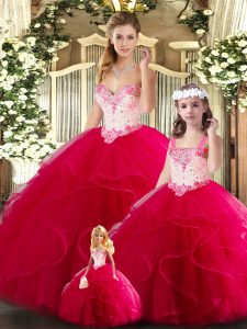 Red Ball Gowns Beading and Ruffles Quinceanera Dress Lace Up Tulle Sleeveless Floor Length