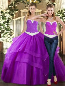 Sleeveless Floor Length Beading and Ruching Lace Up Quinceanera Dresses with Purple
