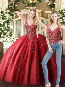 Glorious Wine Red Two Pieces Tulle V-neck Sleeveless Beading Floor Length Lace Up Sweet 16 Dress