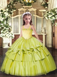Olive Green Lace Up Straps Appliques and Ruffled Layers Pageant Dress for Womens Organza Sleeveless