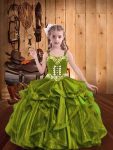 Wonderful Floor Length Lace Up Pageant Gowns Olive Green for Sweet 16 and Quinceanera with Embroidery and Ruffles