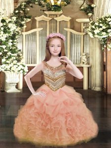 Modern Organza Scoop Sleeveless Lace Up Beading and Ruffles and Pick Ups Little Girls Pageant Gowns in Orange