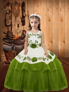 Custom Designed Straps Sleeveless Lace Up Glitz Pageant Dress Olive Green Organza