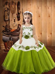 Olive Green Straps Neckline Embroidery Little Girls Pageant Dress Wholesale Sleeveless Lace Up