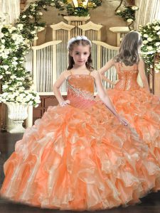 Dazzling Orange Sleeveless Organza Lace Up Little Girls Pageant Gowns for Party and Sweet 16 and Quinceanera and Wedding
