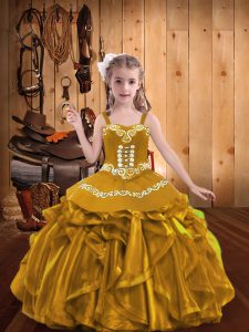 Gold Lace Up V-neck Embroidery and Ruffles High School Pageant Dress Organza Sleeveless