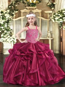 Affordable Sleeveless Floor Length Beading and Ruffles Lace Up Little Girl Pageant Gowns with Fuchsia